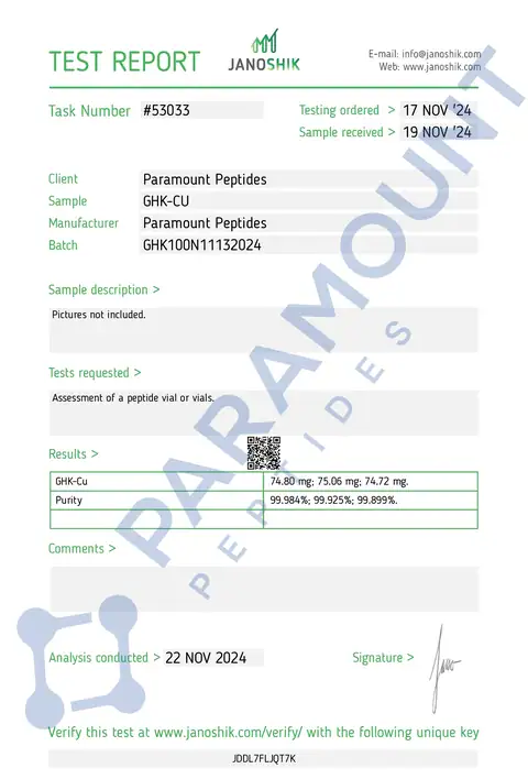 Page 1 of the certificate of analysis for GHK-Cu (50mg) lot GHK100N11132024 (Janoshik)