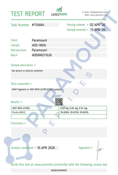 Page 1 of the certificate of analysis for AOD 9604 (6mg) lot AOD6N031626 (Janoshik)