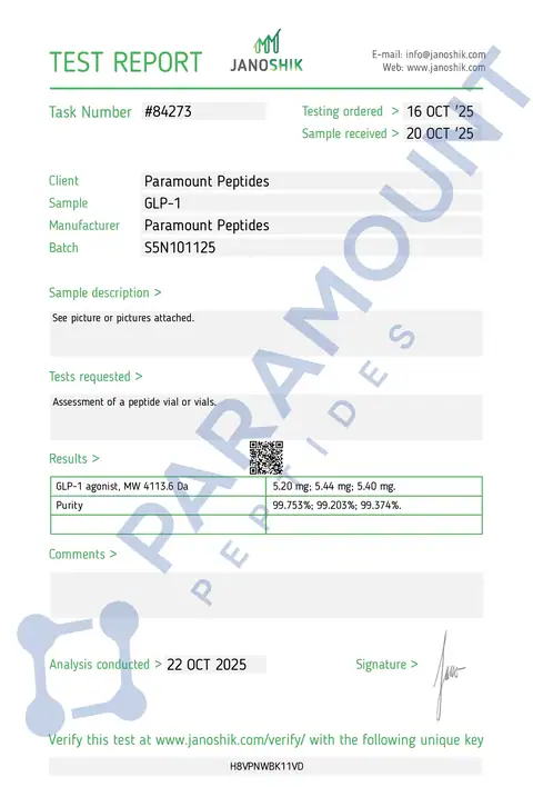 Page 1 of the certificate of analysis for GLP-1 S - 5mg lot S5N101125 (Janoshik)