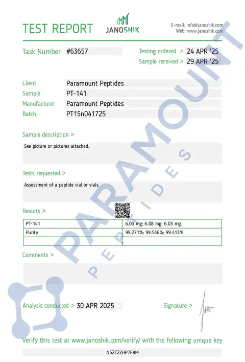 Page 1 of the certificate of analysis for PT-141 (5mg) lot PT15n041725 (Janoshik)