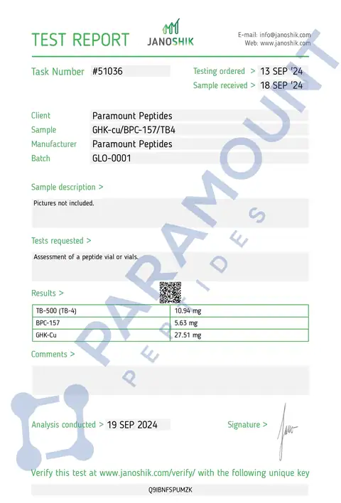 Page 1 of the certificate of analysis for GLOW 70 GHK-CU (50mg) / BPC-157 (10mg) / TB500 (10mg) lot GLO-0001 (Janoshik)