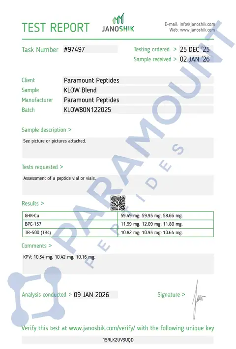 Page 1 of the certificate of analysis for KLOW - GHK-Cu (50mg) / KPV (10mg) / BPC-157 (10mg) / TB500 (10mg) lot KLOW80N122025 (Janoshik)