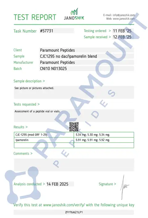 Page 1 of the certificate of analysis for 2X Blend CJC-1295 No DAC (5mg) / Ipamorelin (5mg) lot CNI10 NO13025 (Janoshik)