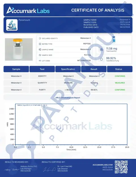 Page 1 of the certificate of analysis for MT-II (Melanotan II) (10mg) lot MT210N053126 (Accumark Labs)