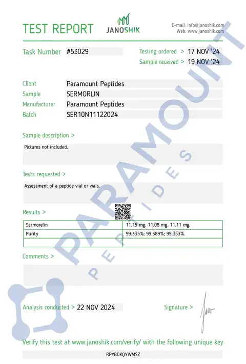 Page 1 of the certificate of analysis for Sermorelin (10mg) lot SER10N11122024 (Janoshik)