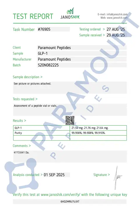 Page 1 of the certificate of analysis for GLP-1 S - 20mg lot S20N082225 (Janoshik)
