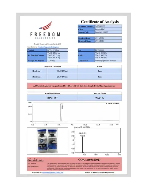 Page 1 of the certificate of analysis for BPC-157 Vial 10 mg lot BPC10-008 (Freedom Diagnostics)