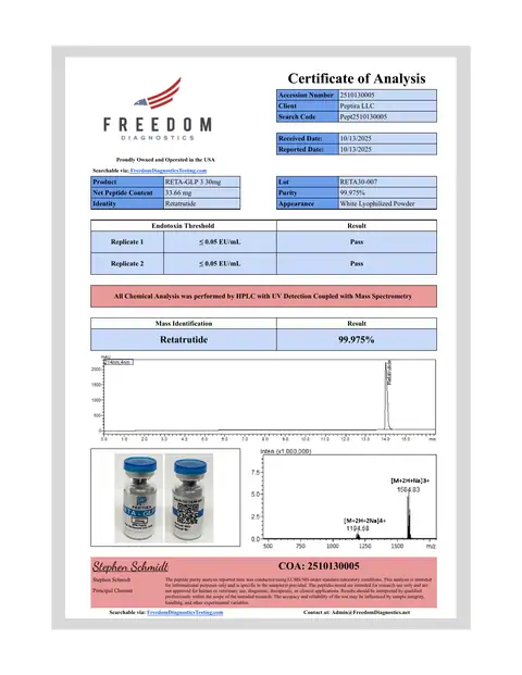 Page 1 of the certificate of analysis for RETA-3 Vial 30 mg lot RETA30-007 (Freedom Diagnostics)