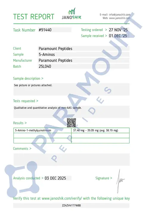 Page 1 of the certificate of analysis for 5-Amino-1mq (30mg) x 60 Tablets lot 25L040 (Janoshik)