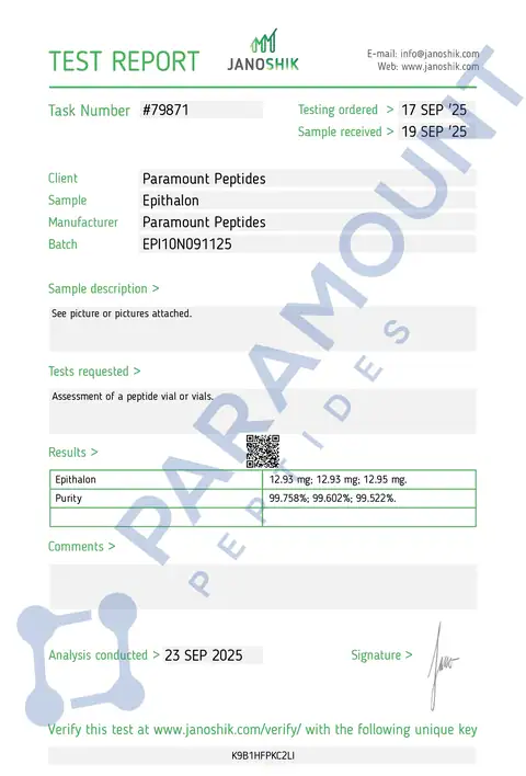 Page 1 of the certificate of analysis for Epithalon (10mg) lot EPI10N091125 (Janoshik)