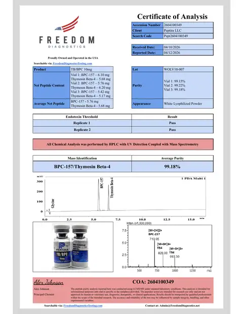 Page 1 of the certificate of analysis for TB/BP Blend (Wolverine) Vial 10 mg lot WOLV10-007 (Freedom Diagnostics)