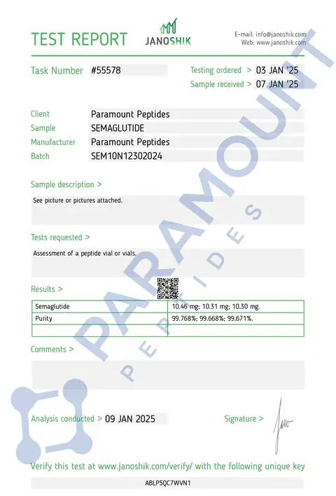 Page 1 of the certificate of analysis for GLP-1 S - 10mg lot SEM10N12302024 (Janoshik)