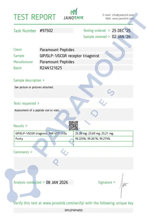 Page 1 of the certificate of analysis for GLP-3 R - 24mg lot R24N121625 (Janoshik)