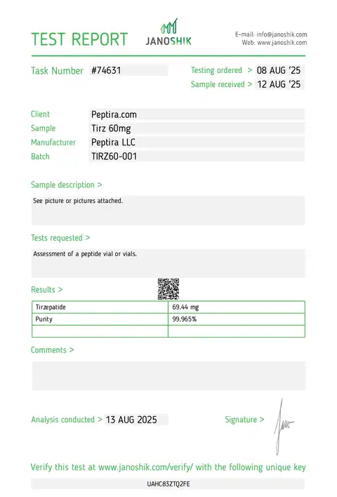 Page 1 of the certificate of analysis for TIRZ-2 Vial 60 mg lot TIRZ60-001 (Janoshik)