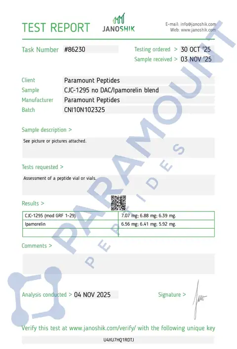 Page 1 of the certificate of analysis for 2X Blend CJC-1295 No DAC (5mg) / Ipamorelin (5mg) lot CNI10N102325 (Janoshik)
