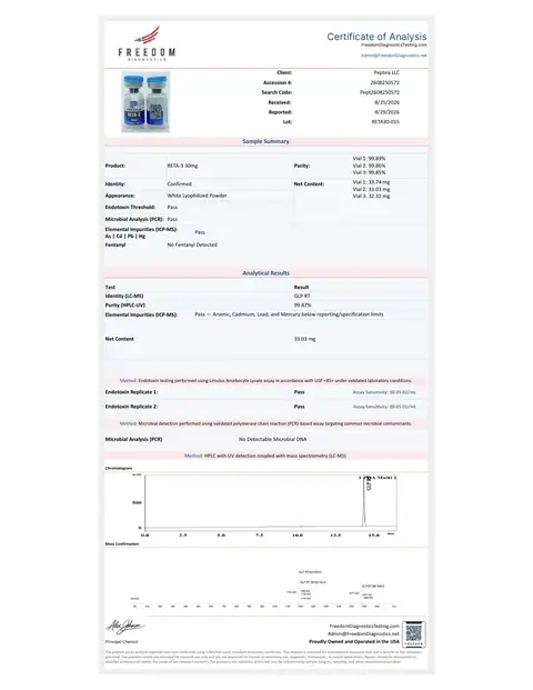 Page 1 of the certificate of analysis for RETA-3 Vial 30 mg lot RETA30-015 (Freedom Diagnostics)