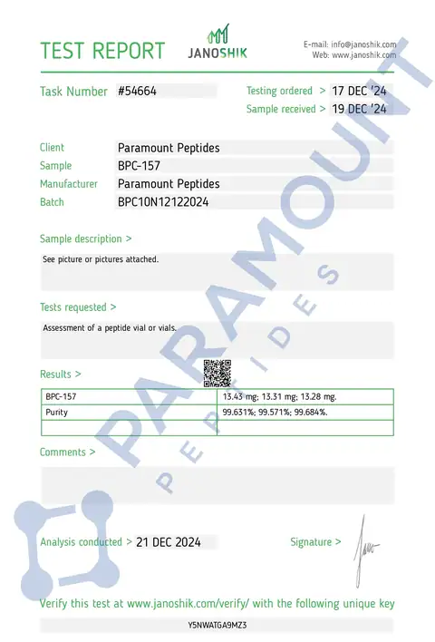 Page 1 of the certificate of analysis for BPC-157 (10mg) lot BPC10N12122024 (Janoshik)