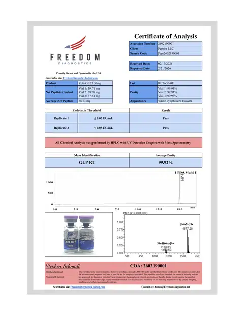 Page 1 of the certificate of analysis for RETA-3 Vial 30 mg lot RETA30-011 (Freedom Diagnostics)