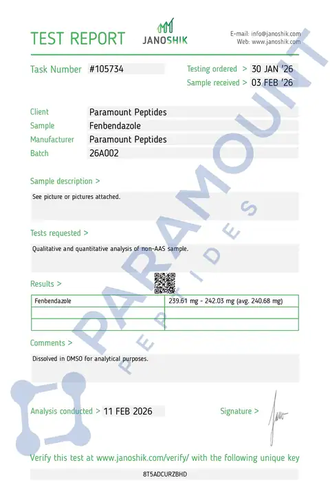 Page 1 of the certificate of analysis for Fenbendazole (200mg) x 30 Tablets lot 26A002 (Janoshik)