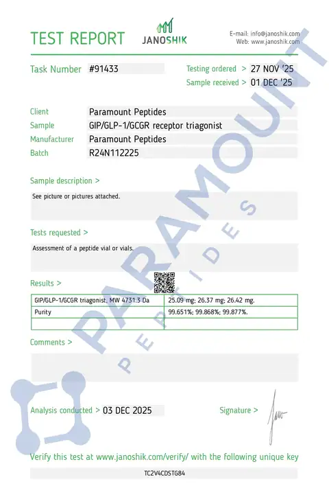 Page 1 of the certificate of analysis for GLP-3 R - 24mg lot R24N112225 (Janoshik)