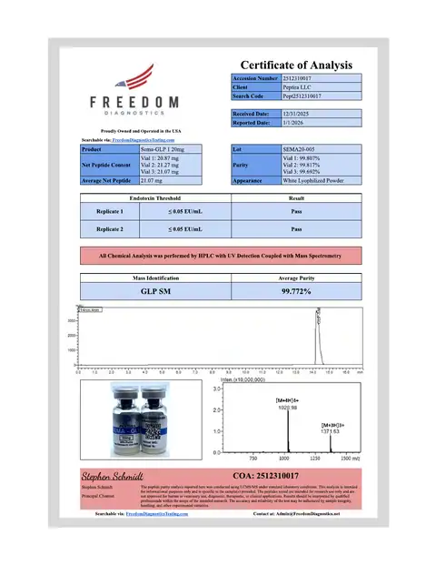 Page 1 of the certificate of analysis for SEMA-1 Vial 20 mg lot SEMA20-005 (Freedom Diagnostics)