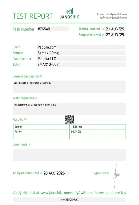 Page 1 of the certificate of analysis for Semax Vial 10 mg lot SMAX10-002 (Janoshik)