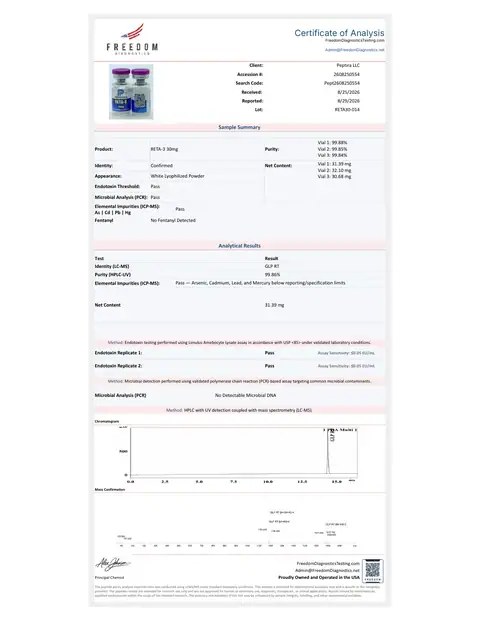 Page 1 of the certificate of analysis for RETA-3 Vial 30 mg lot RETA30-014 (Freedom Diagnostics)
