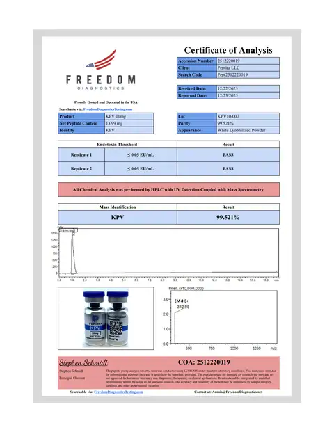 Page 1 of the certificate of analysis for KPV Vial 10 mg lot KPV10-007 (Freedom Diagnostics)