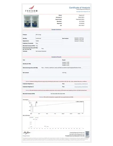 Page 1 of the certificate of analysis for KPV Tablets 0.5 mg 60ct lot KPV.5-001T (Freedom Diagnostics)