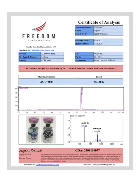 Page 1 of the certificate of analysis for AOD-9604 Vial 5 mg lot AOD5-002 (Freedom Diagnostics)