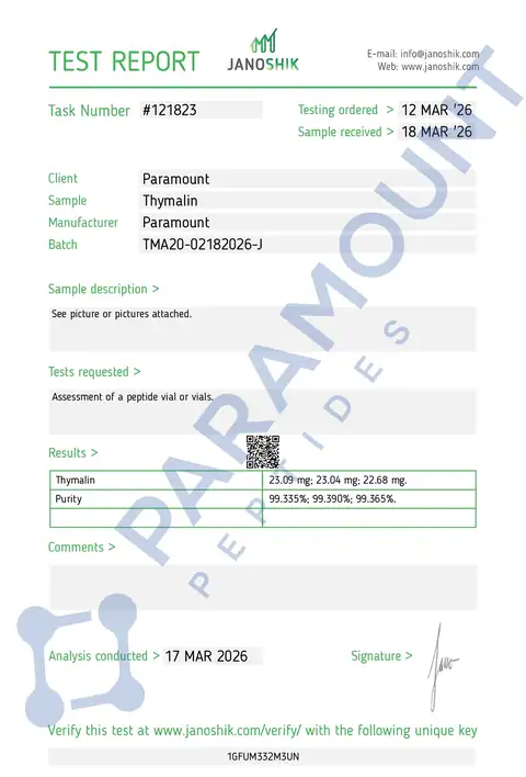 Page 1 of the certificate of analysis for Thymalin (20mg) lot TMA20-02182026-J (Janoshik)