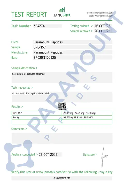 Page 1 of the certificate of analysis for BPC-157 (20mg) lot BPC20N100925 (Janoshik)