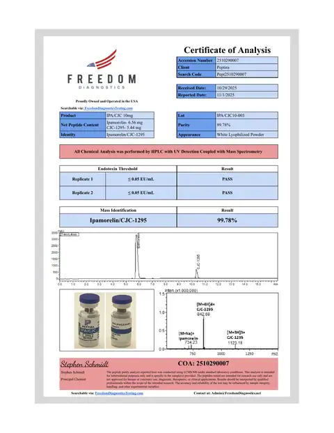 Page 1 of the certificate of analysis for IPA/CJC Blend Vial 10 mg lot IPA/CJC10-003 (Freedom Diagnostics)
