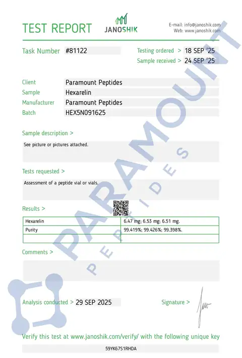 Page 1 of the certificate of analysis for Hexarelin (5mg) lot HEX5N091625 (Janoshik)