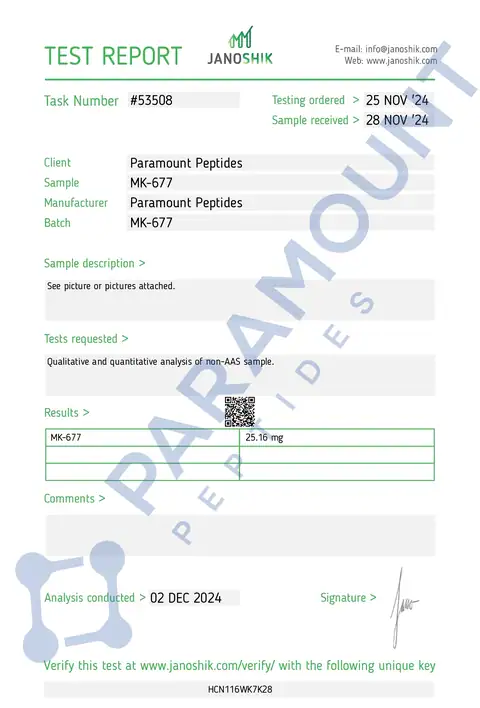 Page 1 of the certificate of analysis for MK-677 (25mg) x 60 Tablets lot MK-677 (Janoshik)