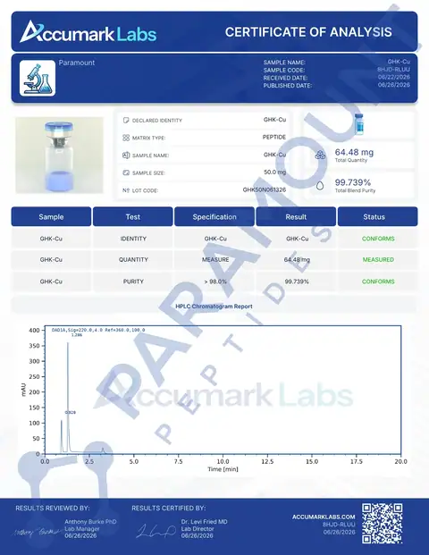 Page 1 of the certificate of analysis for GHK-Cu (50mg) lot GHK50N061326 (Accumark Labs)