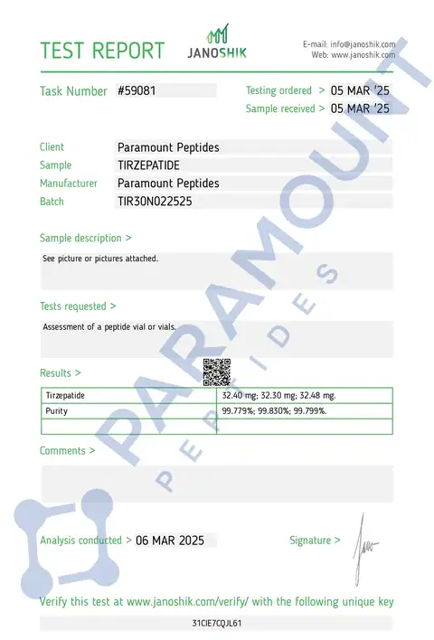 Page 1 of the certificate of analysis for GLP-2 T - 30mg lot TIR30N022525 (Janoshik)