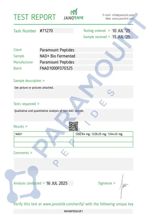 Page 1 of the certificate of analysis for NAD+ (1000mg) Biofermented (5ml Vial) lot FNAD1000F070325 (Janoshik)