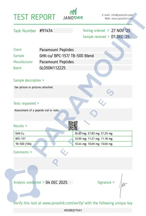 Page 1 of the certificate of analysis for GLOW 50 GHK-CU (30mg) / BPC-157 (10mg) / TB500 (10mg) lot GLO50N112225 (Janoshik)