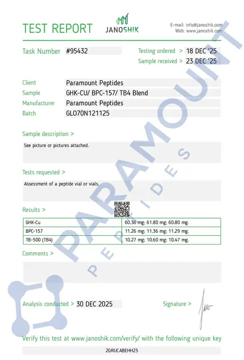 Page 1 of the certificate of analysis for GLOW 70 GHK-CU (50mg) / BPC-157 (10mg) / TB500 (10mg) lot GLO70N121125 (Janoshik)