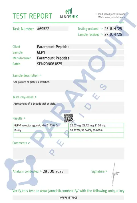 Page 1 of the certificate of analysis for GLP-1 S - 20mg lot SEM20N061825 (Janoshik)