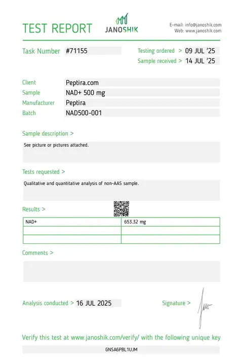Page 1 of the certificate of analysis for NAD+ Vial 500 mg lot NAD500-001 (Janoshik)