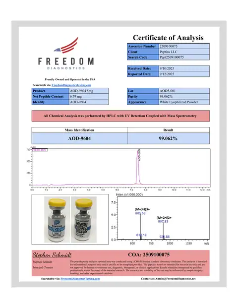 Page 1 of the certificate of analysis for AOD-9604 Vial 5 mg lot AOD5-001 (Freedom Diagnostics)