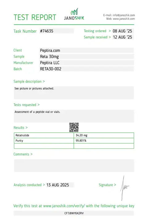 Page 1 of the certificate of analysis for RETA-3 Vial 30 mg lot RETA30-002 (Janoshik)