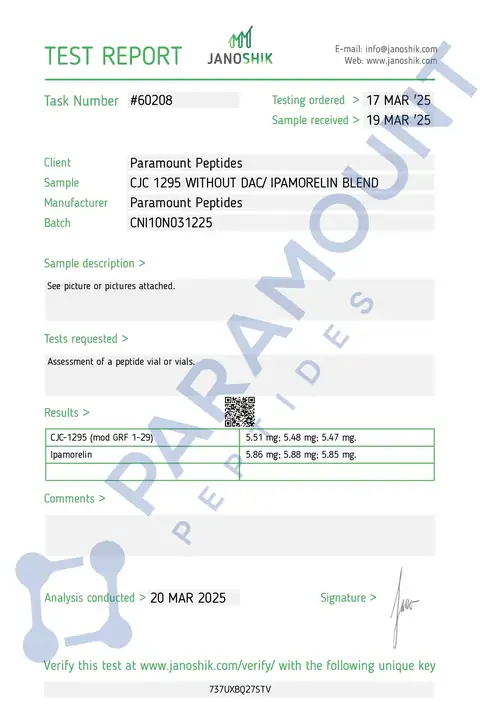 Page 1 of the certificate of analysis for 2X Blend CJC-1295 No DAC (5mg) / Ipamorelin (5mg) lot CNI10N031225 (Janoshik)