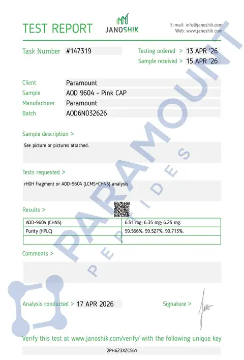 Page 1 of the certificate of analysis for AOD 9604 (6mg) lot AOD6N032626 (Janoshik)
