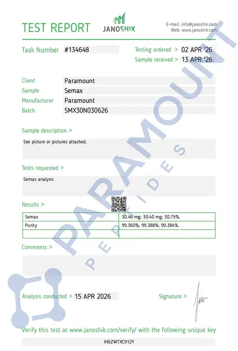 Page 1 of the certificate of analysis for Semax (30mg) lot SMX30N030626 (Janoshik)
