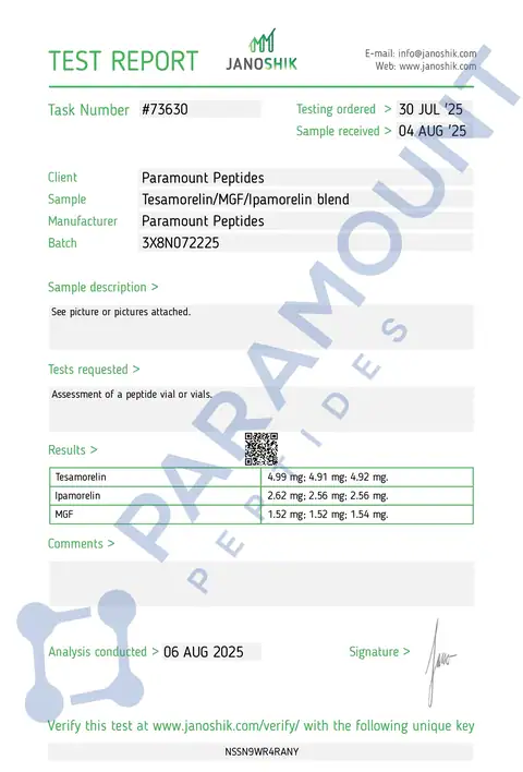 Page 1 of the certificate of analysis for 3X Blend Tesamorelin (5mg) / MGF (500mcg) / Ipamorelin (2.5mg) Research Blend lot 3X8N072225 (Janoshik)