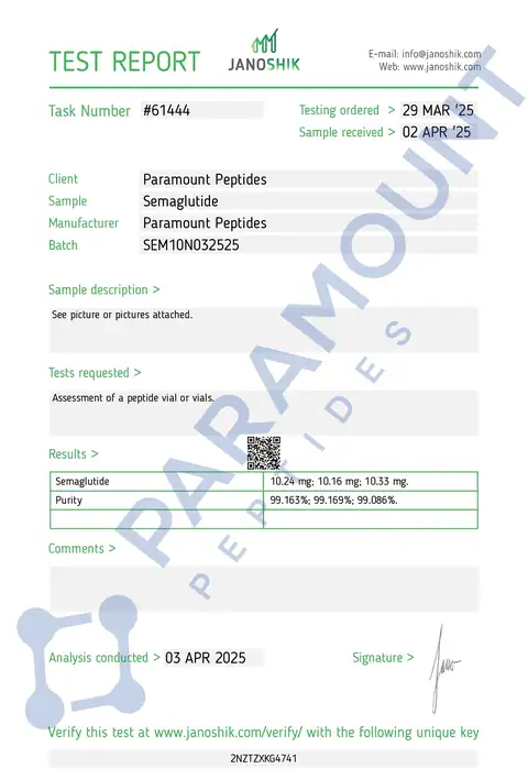 Page 1 of the certificate of analysis for GLP-1 S - 10mg lot SEM10N032525 (Janoshik)