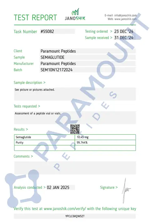Page 1 of the certificate of analysis for GLP-1 S - 10mg lot SEM10N12172024 (Janoshik)